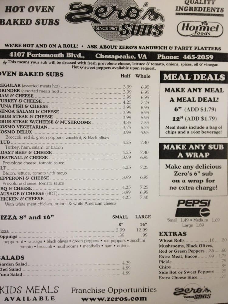 Menu at Zero's Subs pizzeria, Chesapeake, Portsmouth Blvd