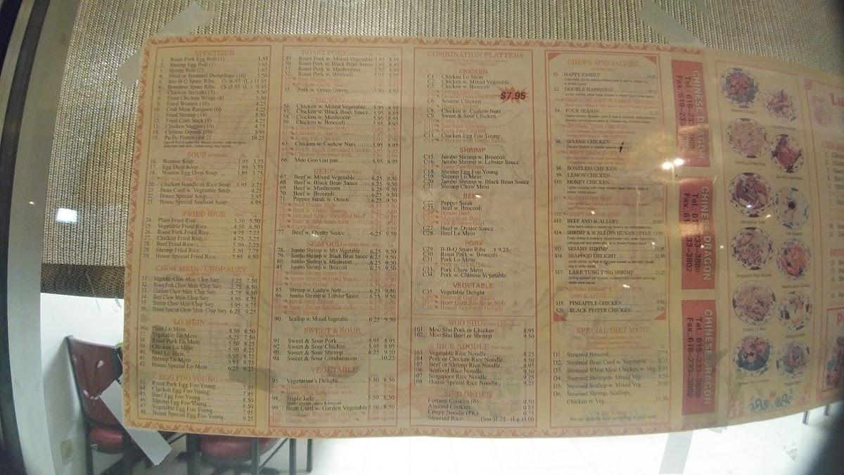 Menu at Chinese Dragon restaurant, Smithton