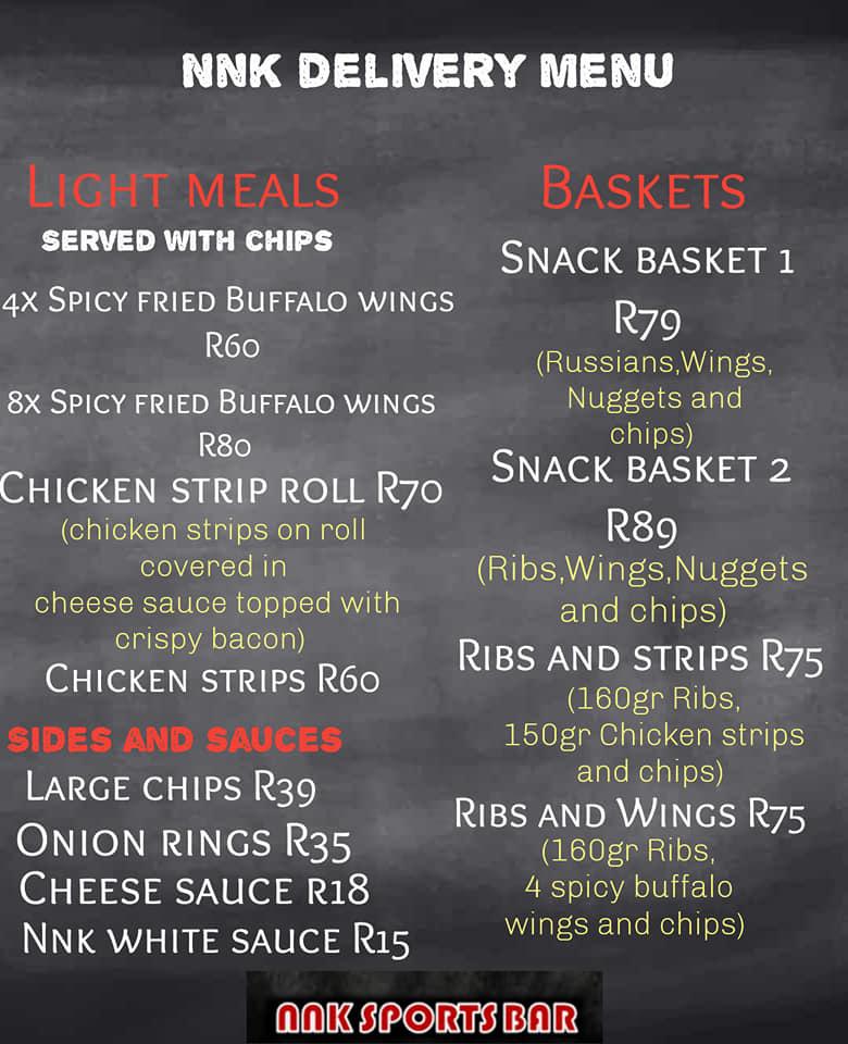 Menu at NNK sportsbar, Cape Town