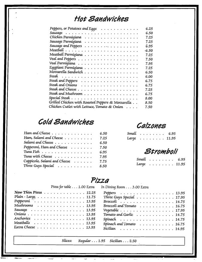 Menu at Three Guys From Italy pizzeria, Kenilworth
