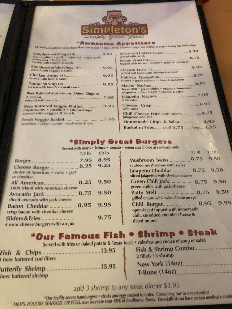 Menu at Simpleton's Restaurant and Bar, Mesa, E Broadway Rd c105