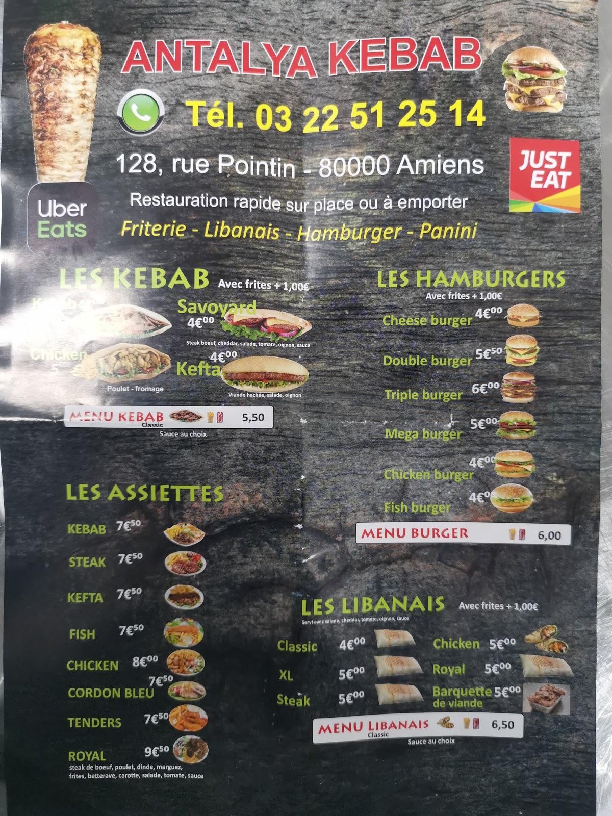 Menu at Antalya Kebab, Amiens