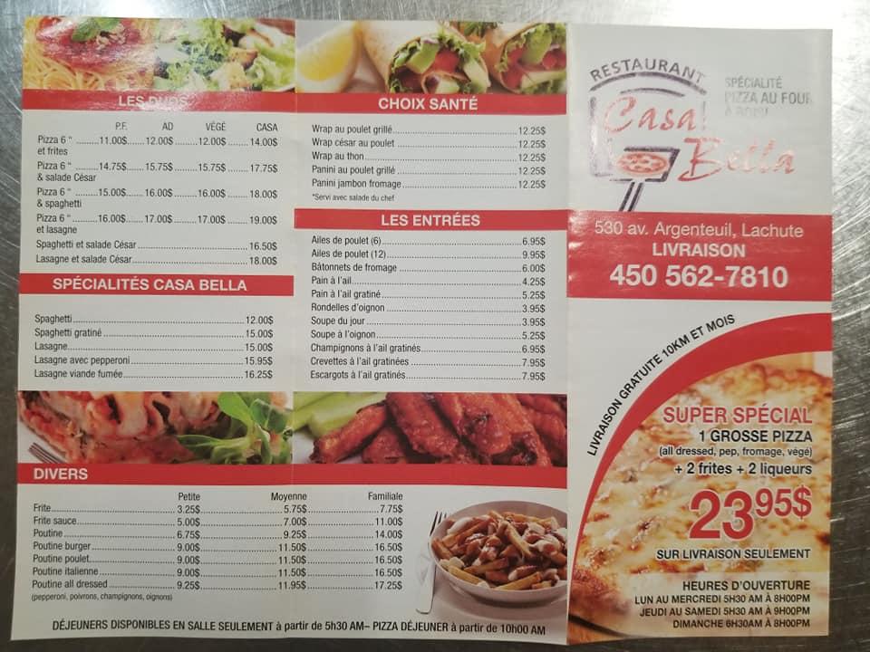 Menu au Casa Bella pizzeria, Lachute