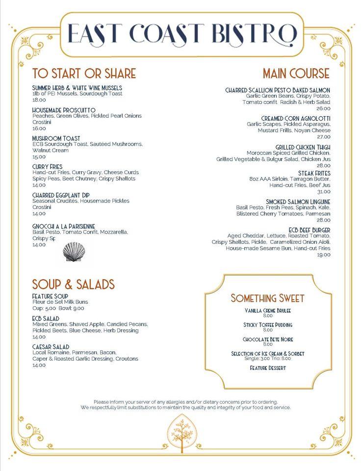 Menu au East Coast Bistro restaurant, SaintJohn, 60 Prince William St