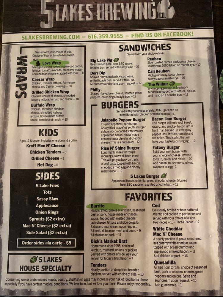 Carta del pub y bar 5 Lakes Brewing Co, Dorr