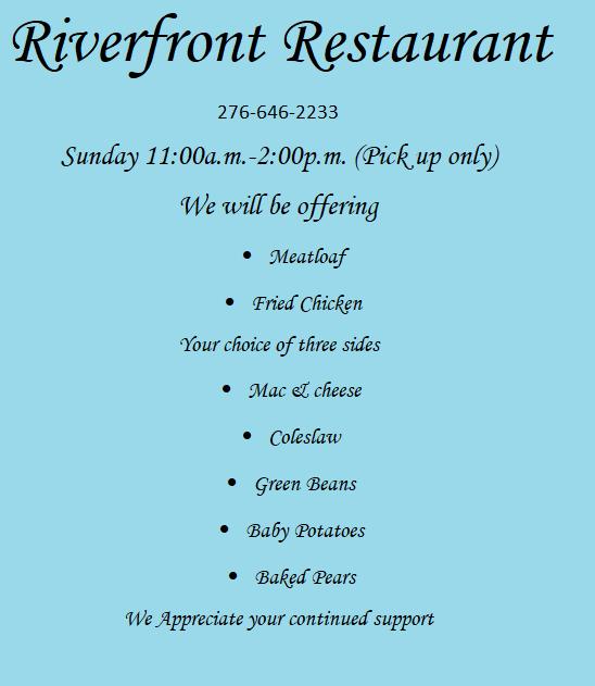 Menu at Riverfront Cafe, Chilhowie, 154 E Lee Hwy