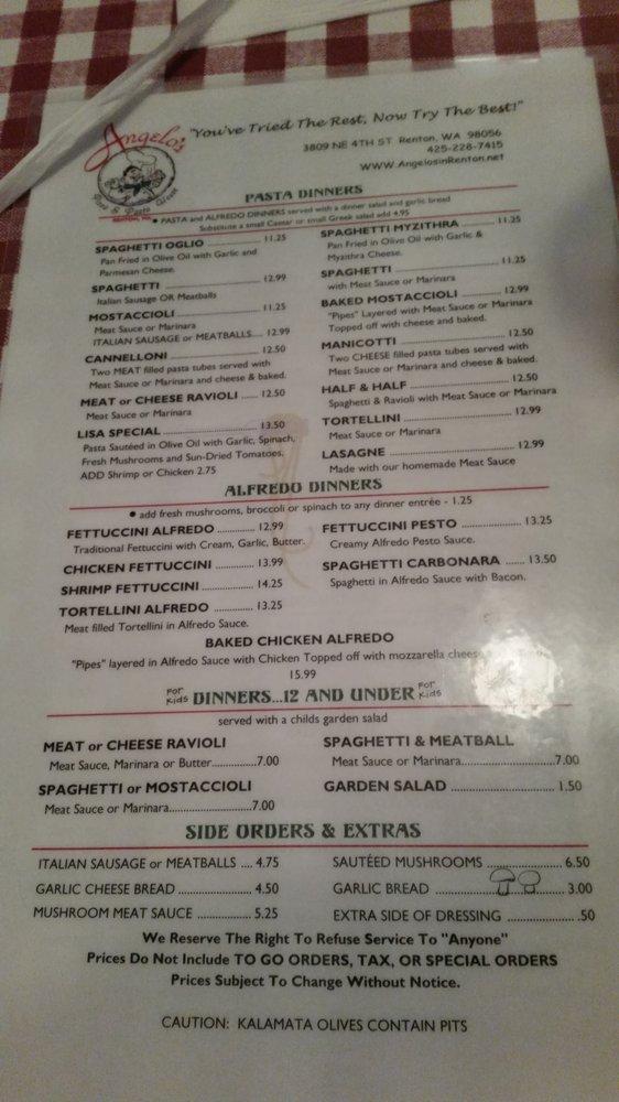 Menu at Angelo's Pizza & Pasta House pizzeria, Renton