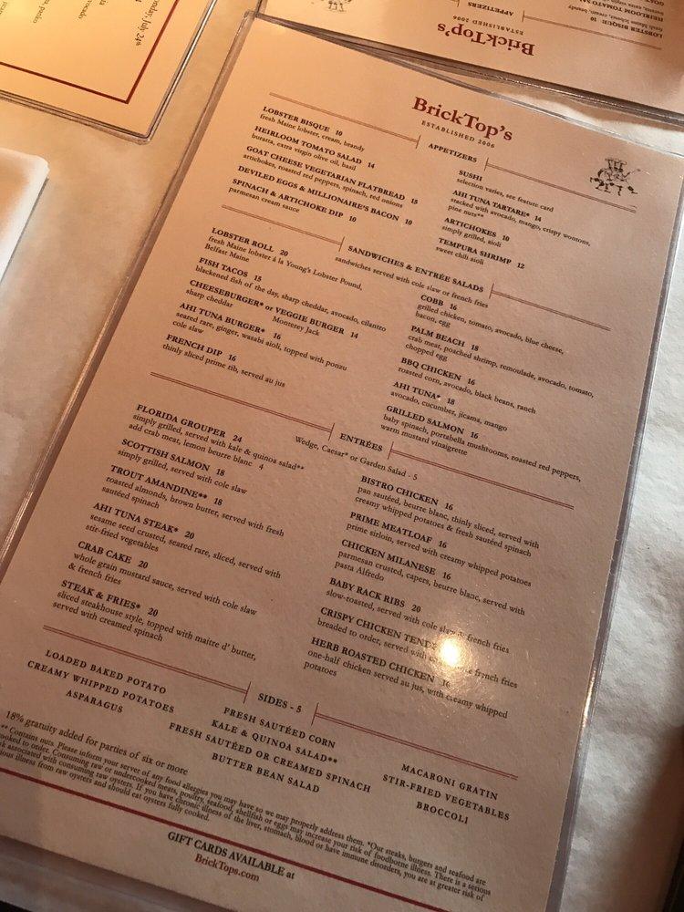 Menu at BrickTop's restaurant, Nashville, West End Ave