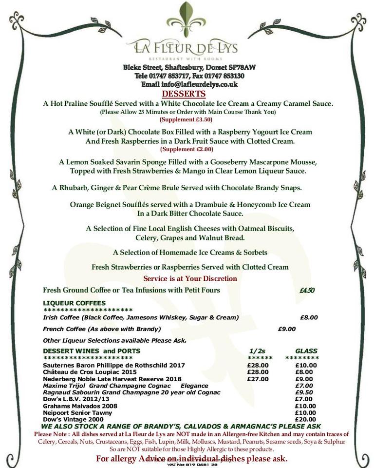 Menu at La Fleur de Lys restaurant, Shaftesbury