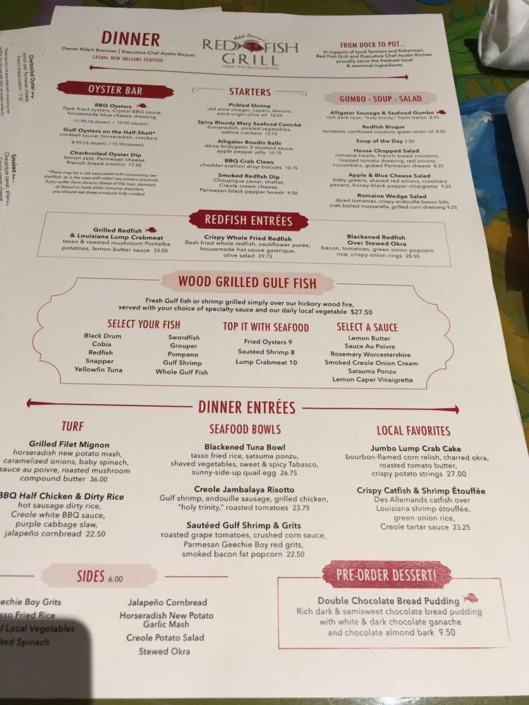 Menu at Red Fish Grill restaurant, New Orleans