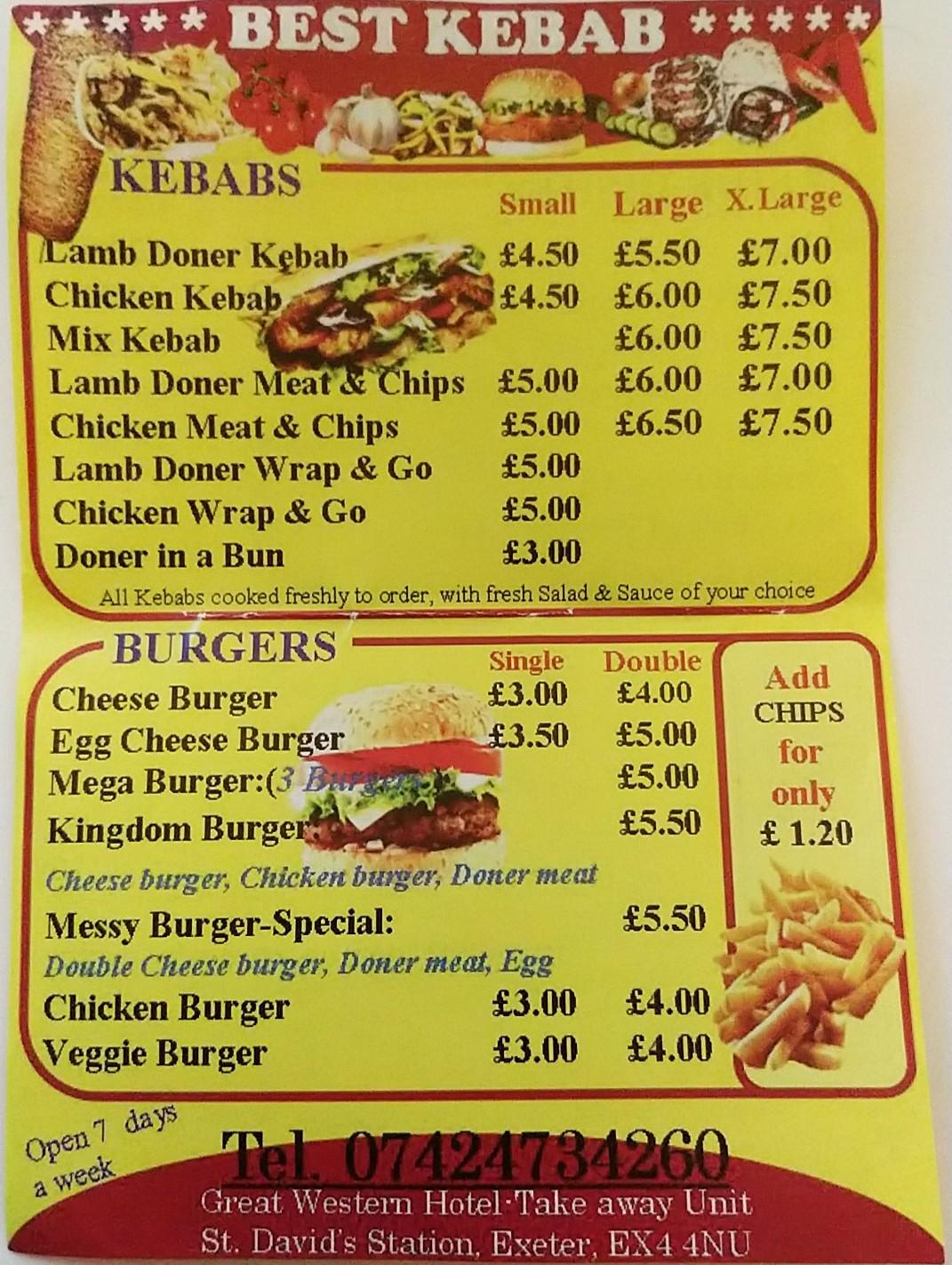 Menu at Best Kebab, Exeter, St David's Station