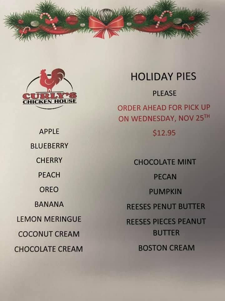 Menu at Curly's Chicken House restaurant, Elmira