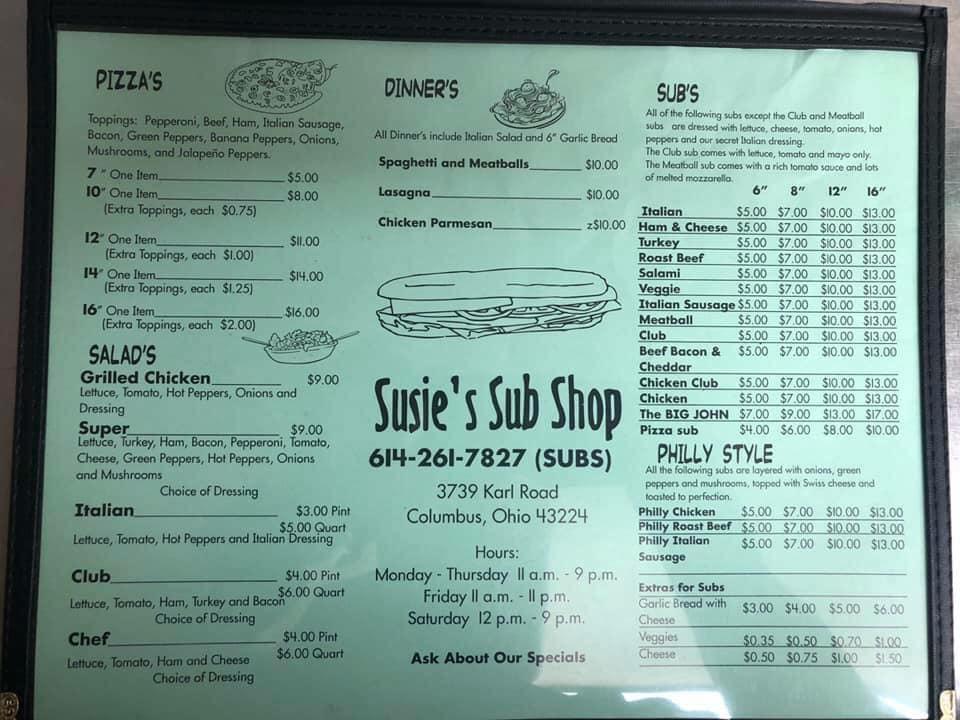 Menu At Susie S Sub Shop Pizzeria Columbus Karl Rd