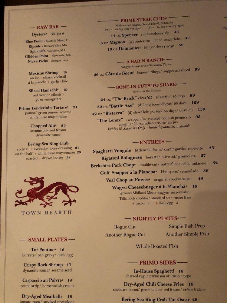 Menu at Town Hearth steakhouse, Dallas