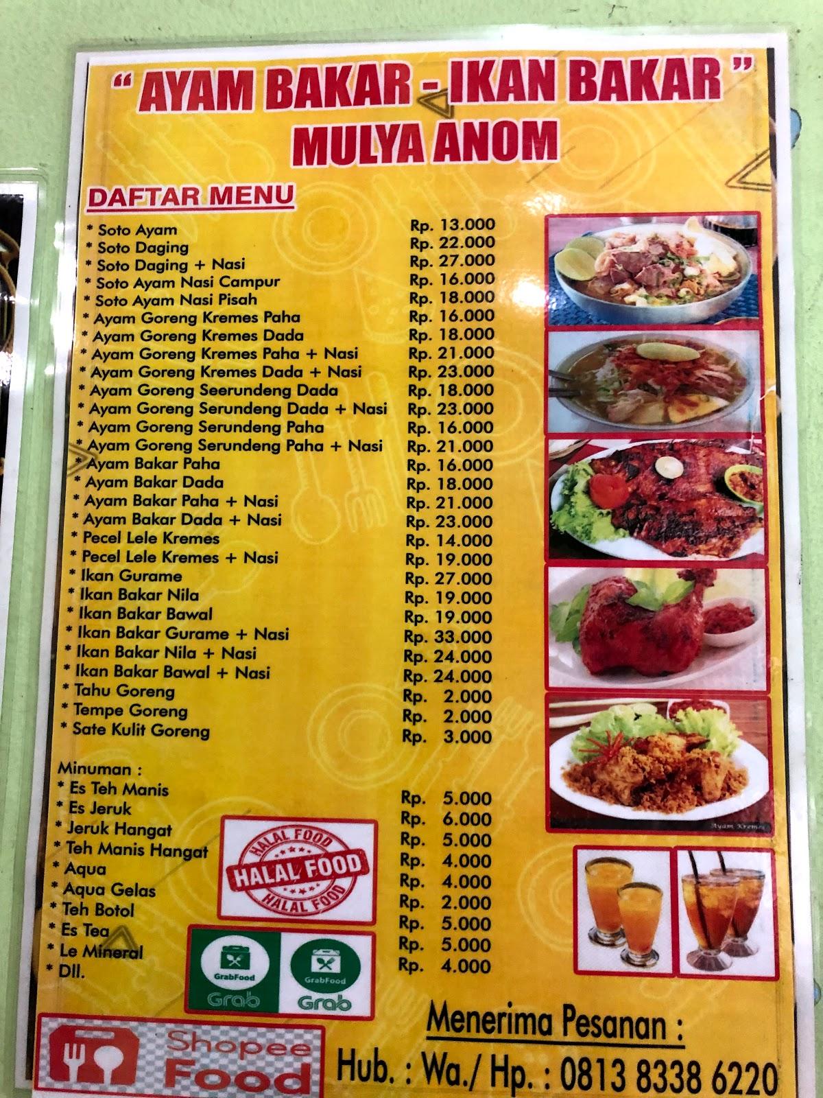 Menu at Ayam bakar ikan bakar mulya anom restaurant, West Jakarta