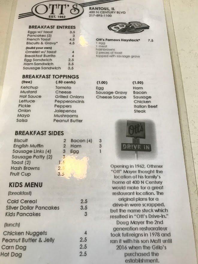 Menu at Ott's Drive In restaurant, Rantoul