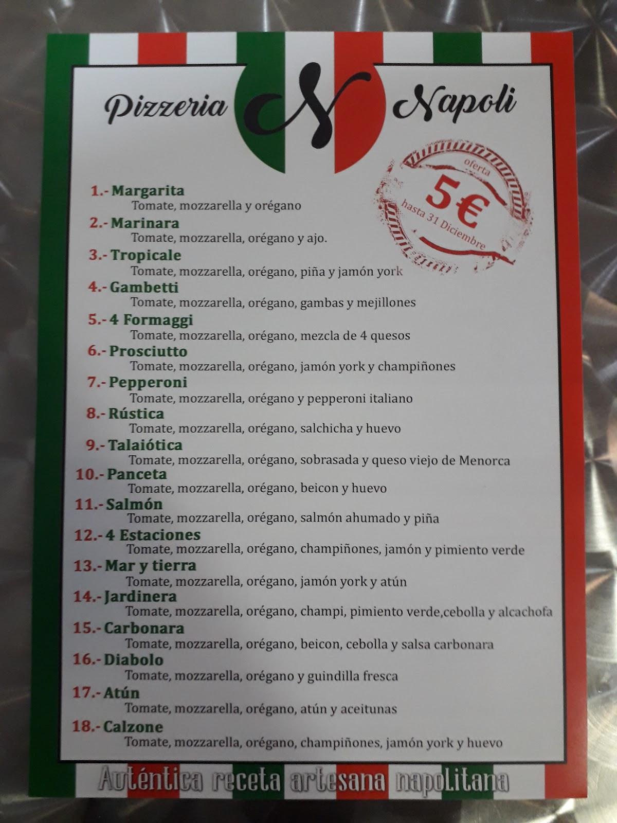 Menu at Pizzeria Napoli, Ciutadella de Menorca