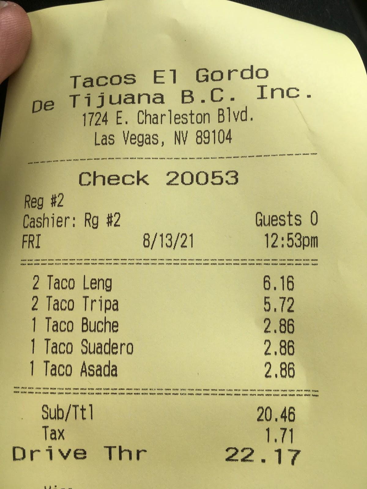 Carta del restaurante Tacos El Gordo, Las Vegas, E Charleston Blvd