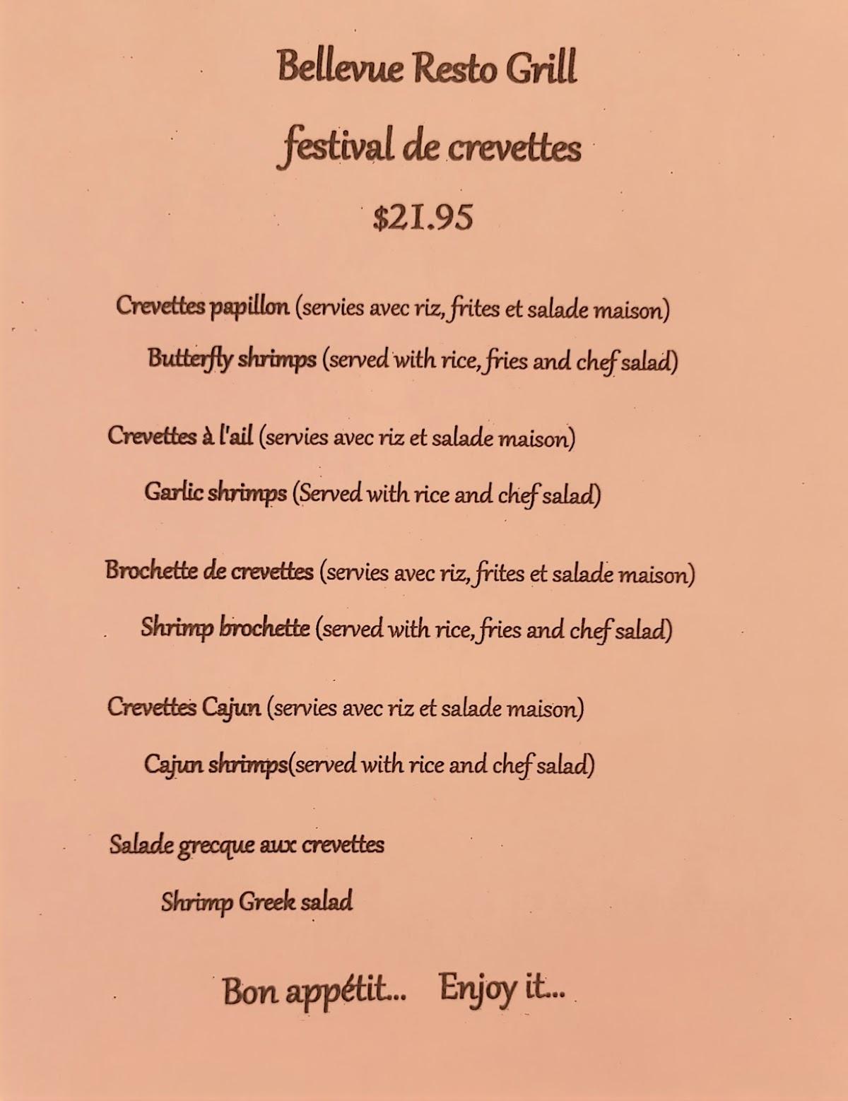 Menu au Bellevue RestoGrill pub et bar, SainteAnnedeBellevue