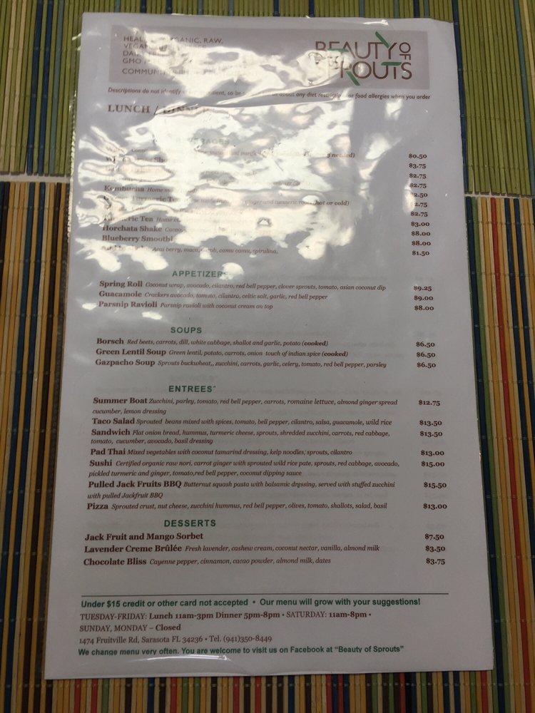 Menu at "Beauty of Sprouts" Vegan Organic Restaurant, Sarasota