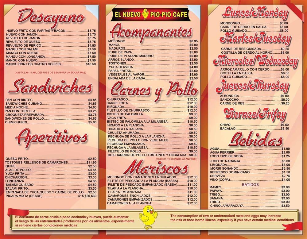 Menu at El Nuevo Pio Pio Cafe, Hialeah, NW 87th Ct 134