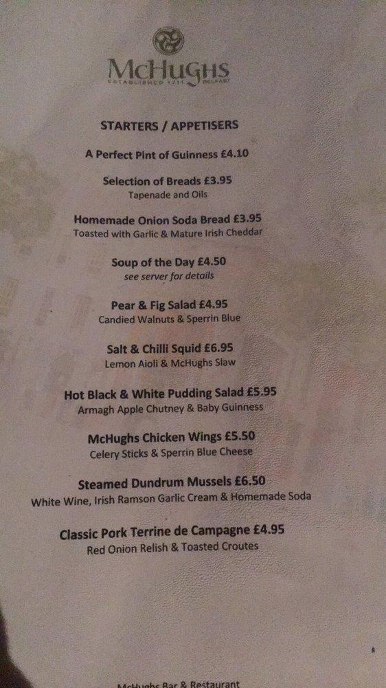 Menu at McHughs Bar & Restaurant, Belfast, 29-31 Queen's Square