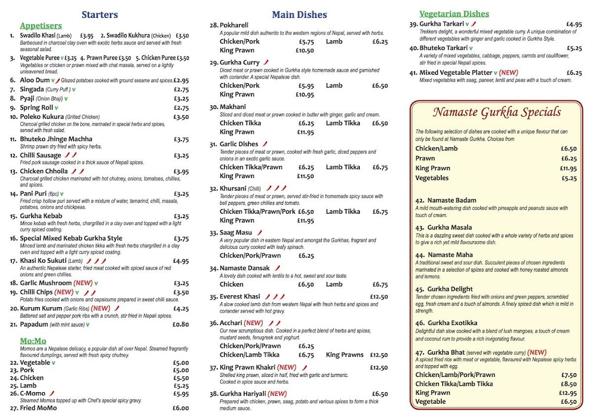 Menu at Namaste Gurkha (Blandford Forum) restaurant, Blandford Forum