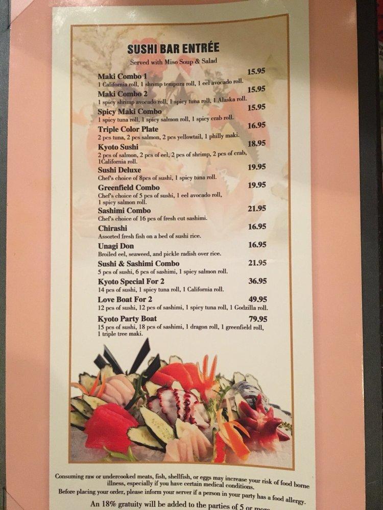 Menu at Kyoto restaurant, Greenfield