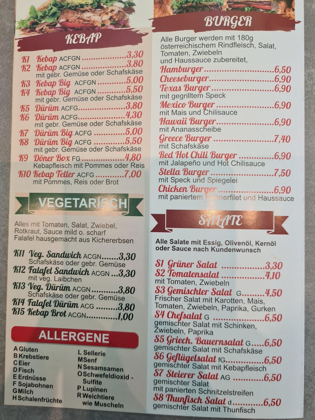 Menu at Stella Kebap Pizza, Graz