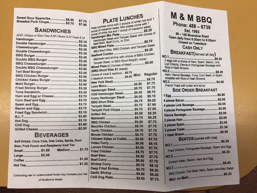 Menu at M & M BBQ, Aiea