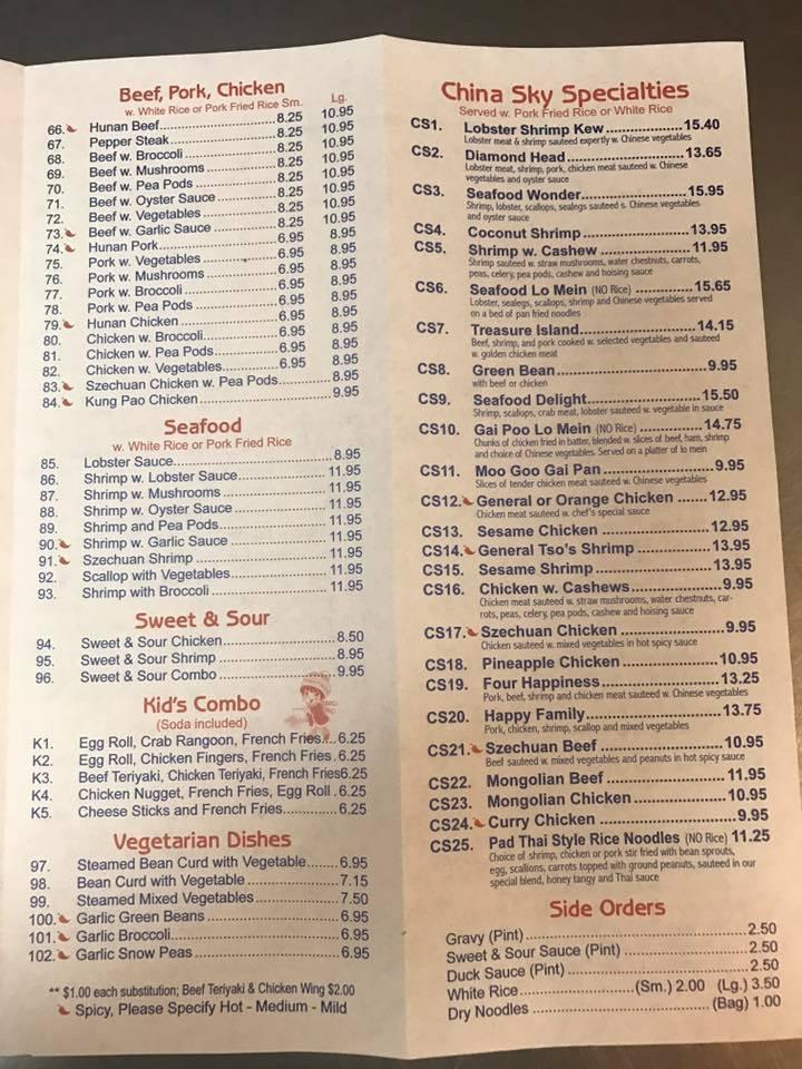 Menu at China Sky restaurant, Norridgewock, 50 Main St