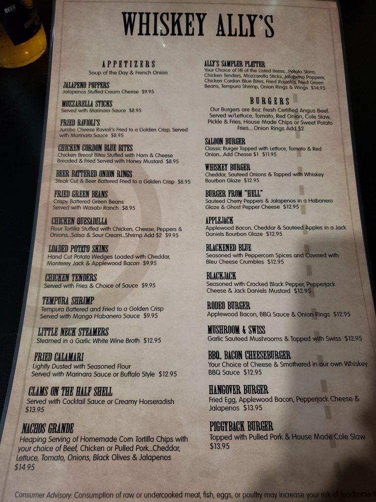 Menu at Whiskey Ally’s pub & bar, Gardnertown