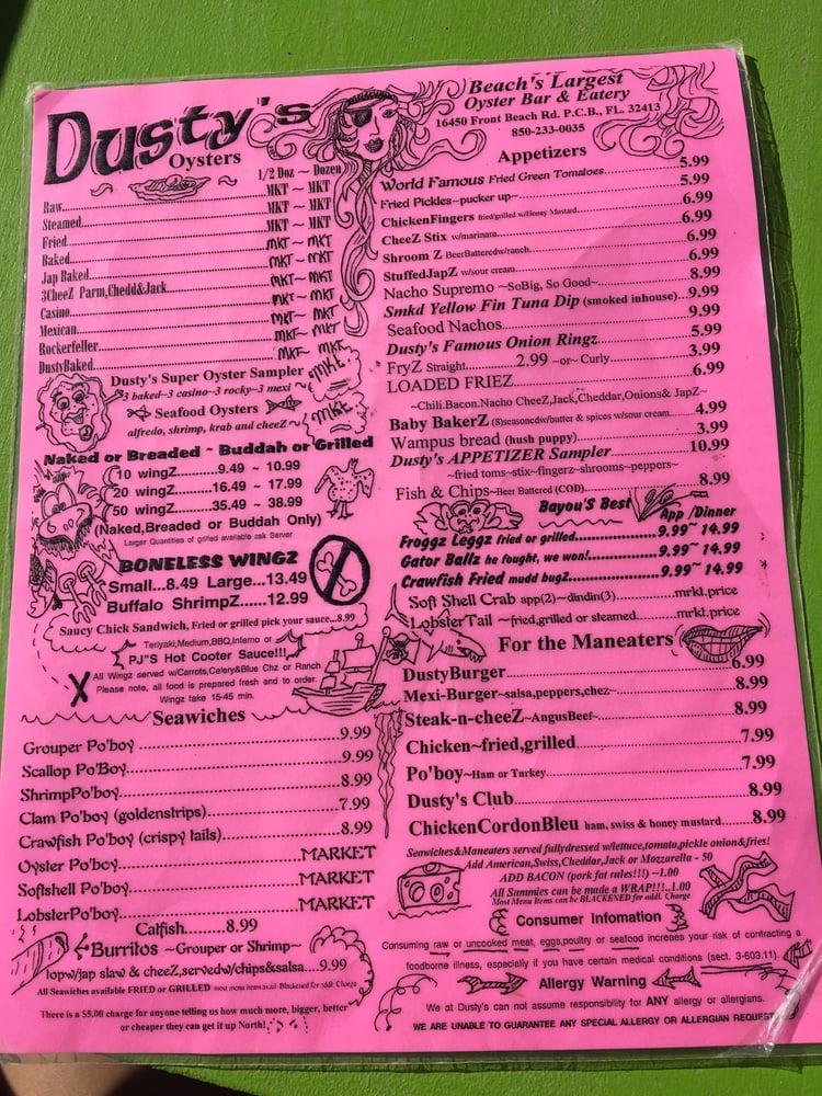 Menu at Dusty's pub & bar, Panama City Beach