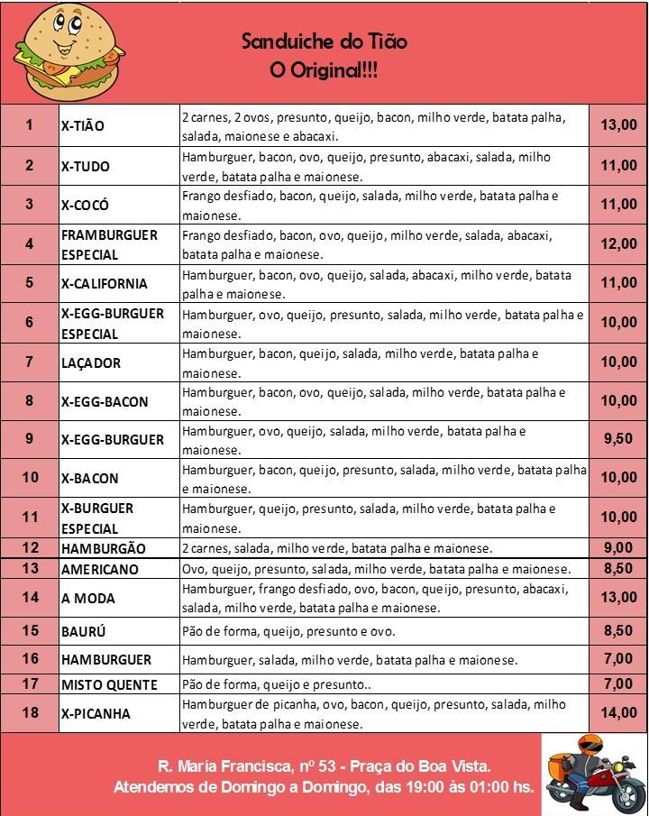 Sanduíche do Tião cardápio