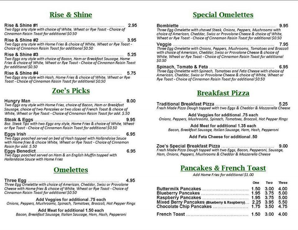 Menu at Zoes Restaurant Pizzeria, Winchendon, 435 Spring St #1045