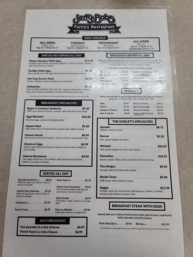 Menu at Jerry Bob's Restaurant, Tucson, E Valencia Rd