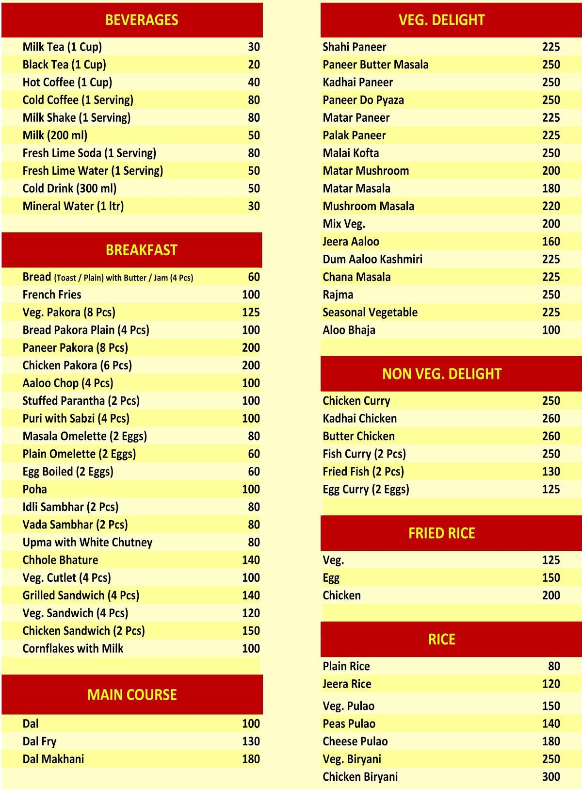 Menu at Restaurant Kanchenjunga View Point, Darjeeling