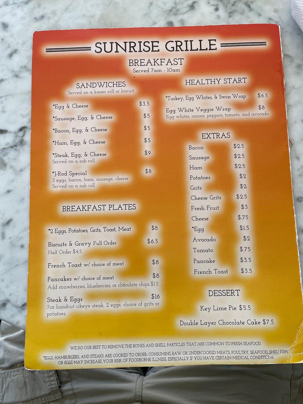 Menu at Sunrise Grille restaurant, Jekyll Island