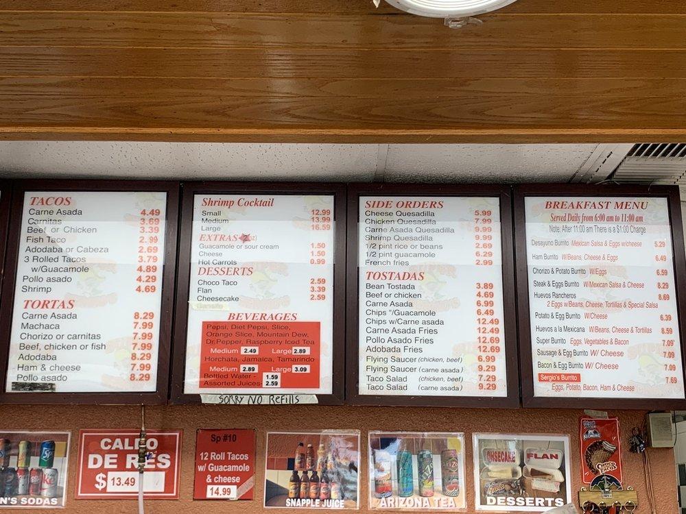 Menu at Super Sergio's restaurant, National City, Sweetwater Rd