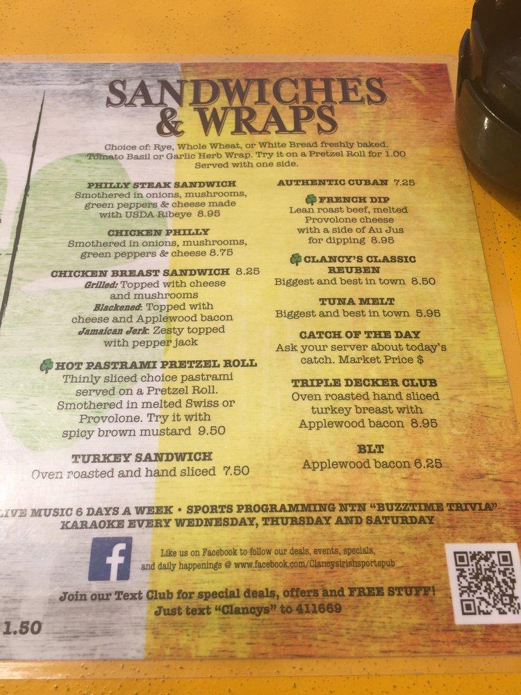 Menu at Clancy's Sports Bar & Grill, Bradenton