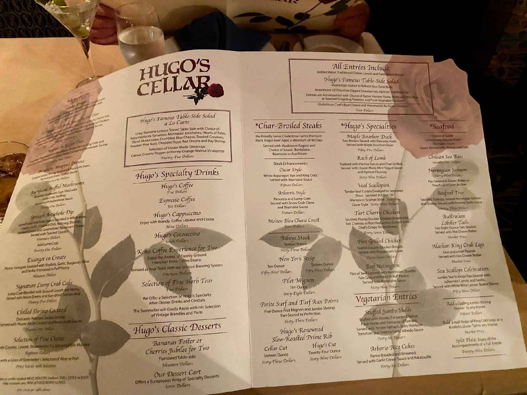 Menu at Hugo's Cellar steakhouse, Las Vegas, 202 Fremont Street Experience