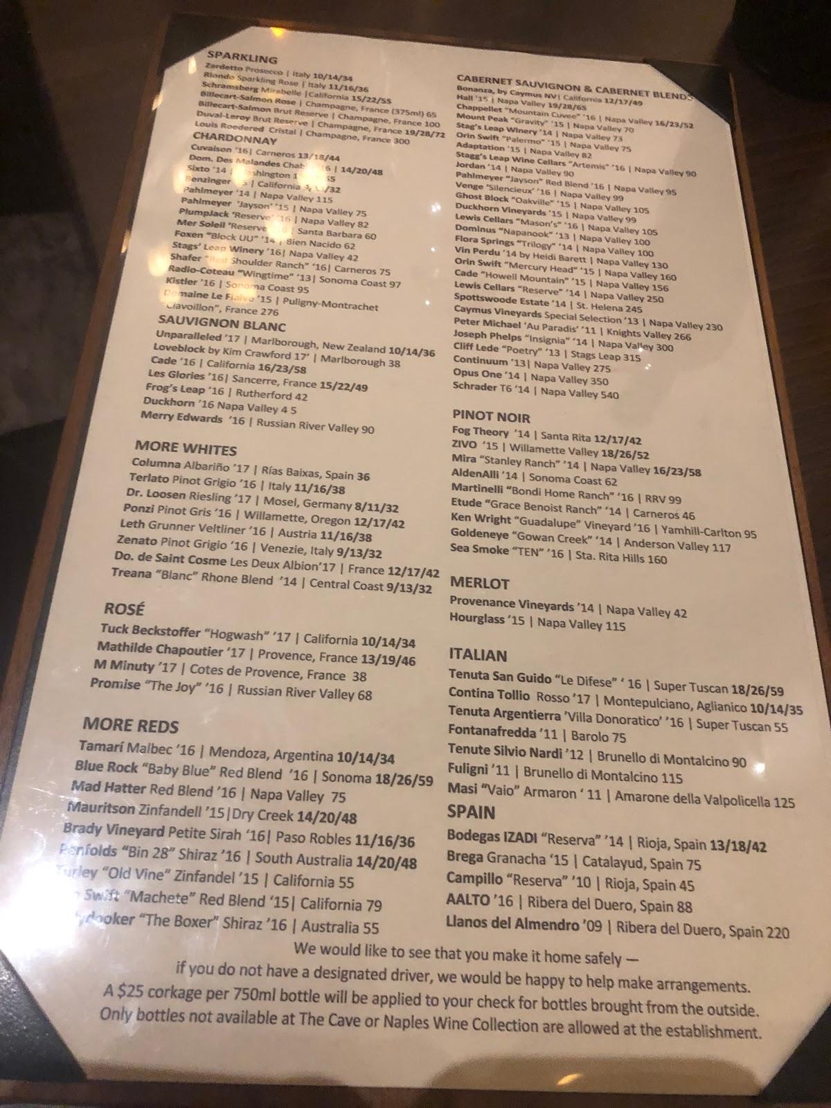 Menu at The Cave Bistro & Wine Bar, Naples, Vanderbilt Beach Rd 602
