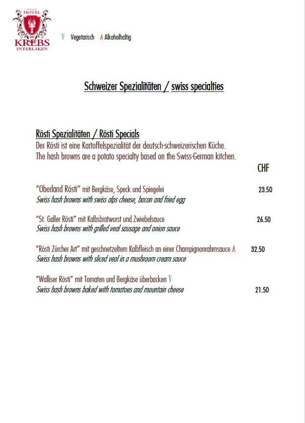 Menu at Hotel Krebs & Terrace Restaurants, Interlaken
