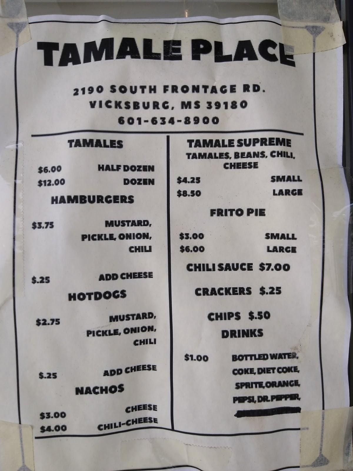 Menu at Tamale Place restaurant, Vicksburg