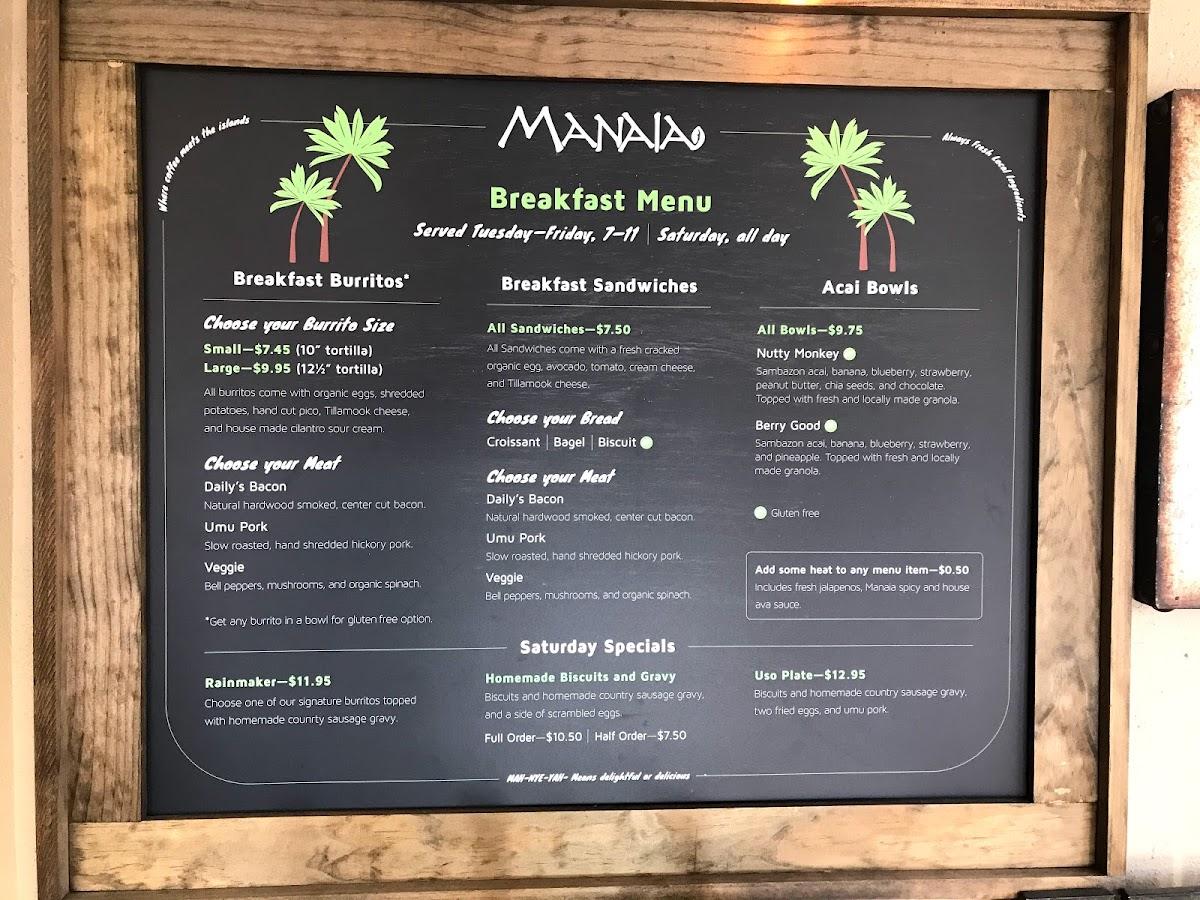 Menu at Manaia Coffee House and Island Grill Hillsboro, Hillsboro
