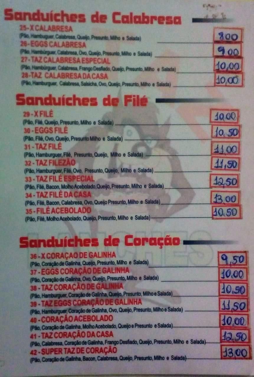 Menu em Taz Lanches pub Bar Nossa Senhora da Glória Praca Jose