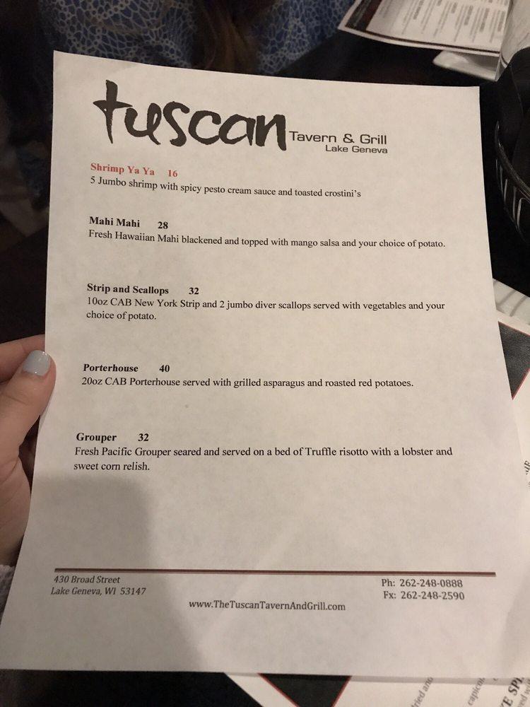 Menu at Tuscan Tavern & Grill steakhouse, Lake Geneva