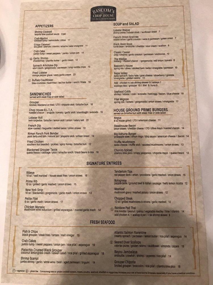 Menu at Chop House steakhouse, Clearwater, Ulmerton Rd