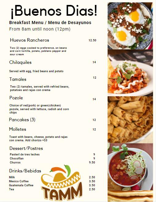 Menu at TAMM Mexican Restaurant, Kelowna