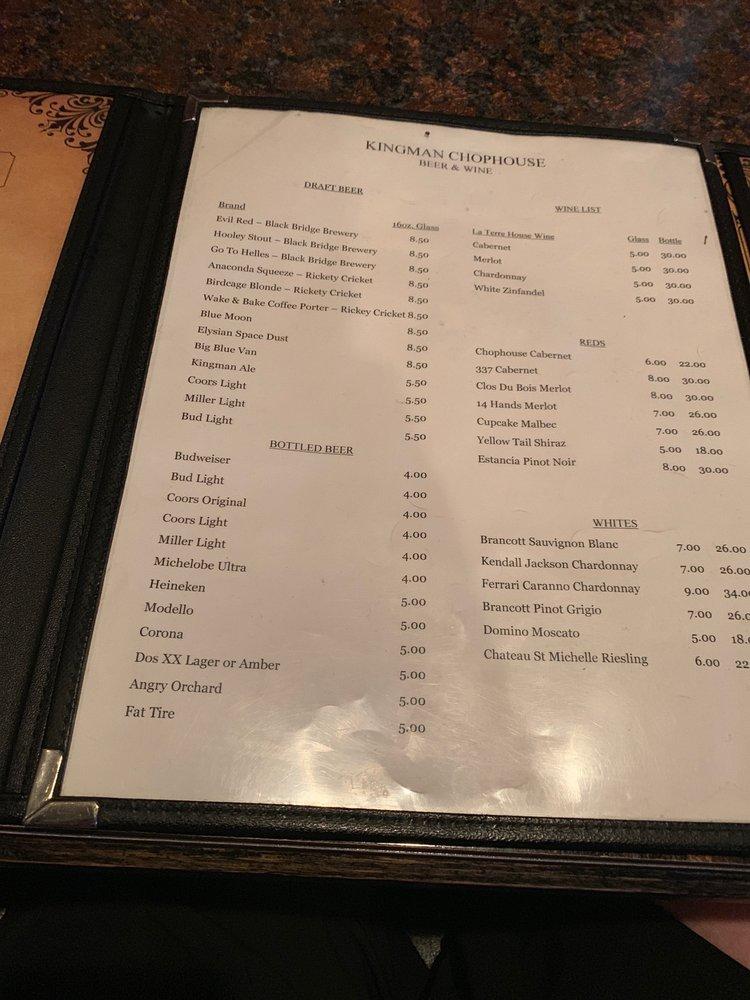 Menu at Kingman Chophouse steakhouse, Kingman